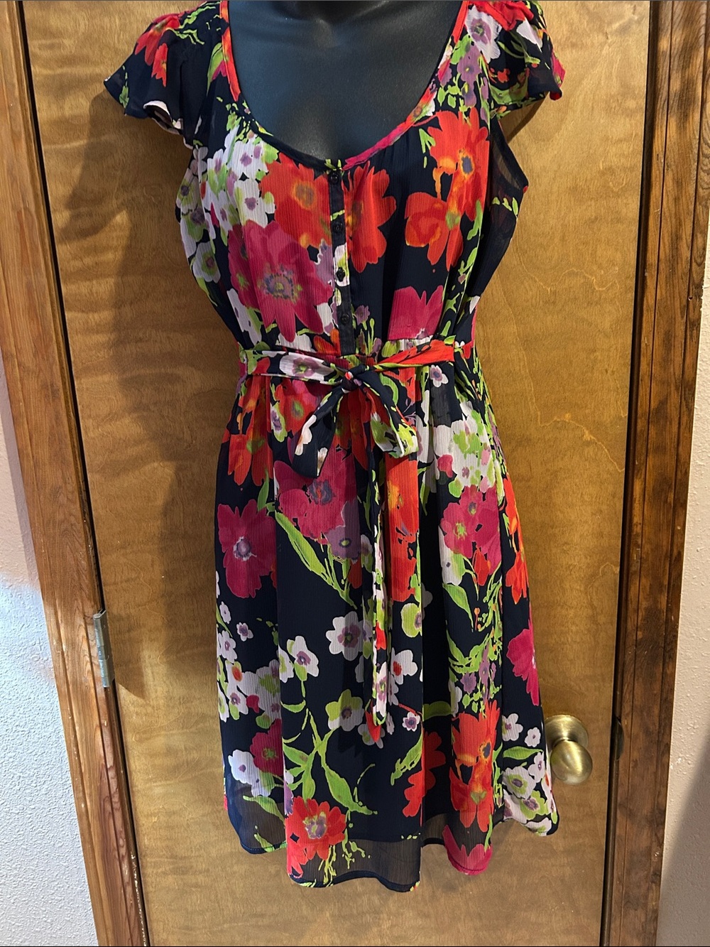 Old Navy Navy Floral Tie-Waist Midi Dress